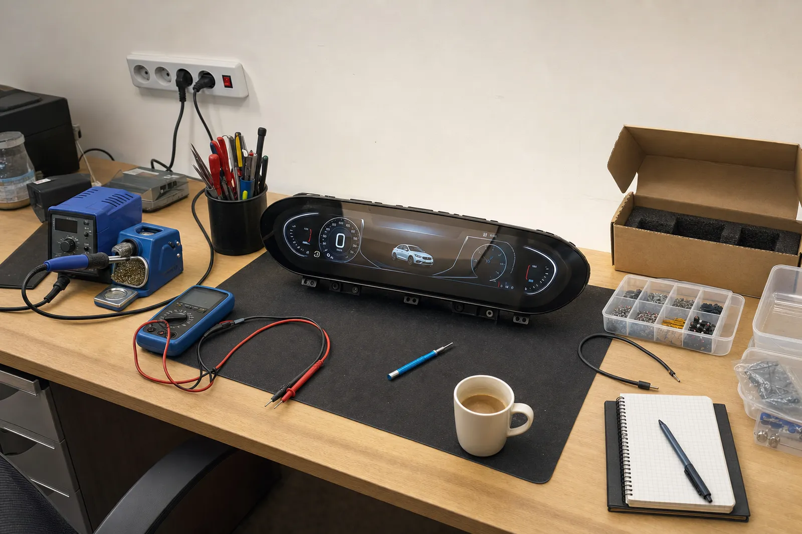 Établi Cockpit Workshop : display de compteur digital testé puis emballé, prêt à être expédié