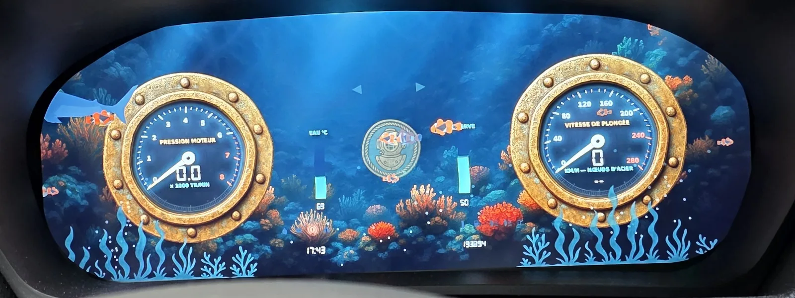 Détail du compteur aquarium : jauges de plongée et poissons