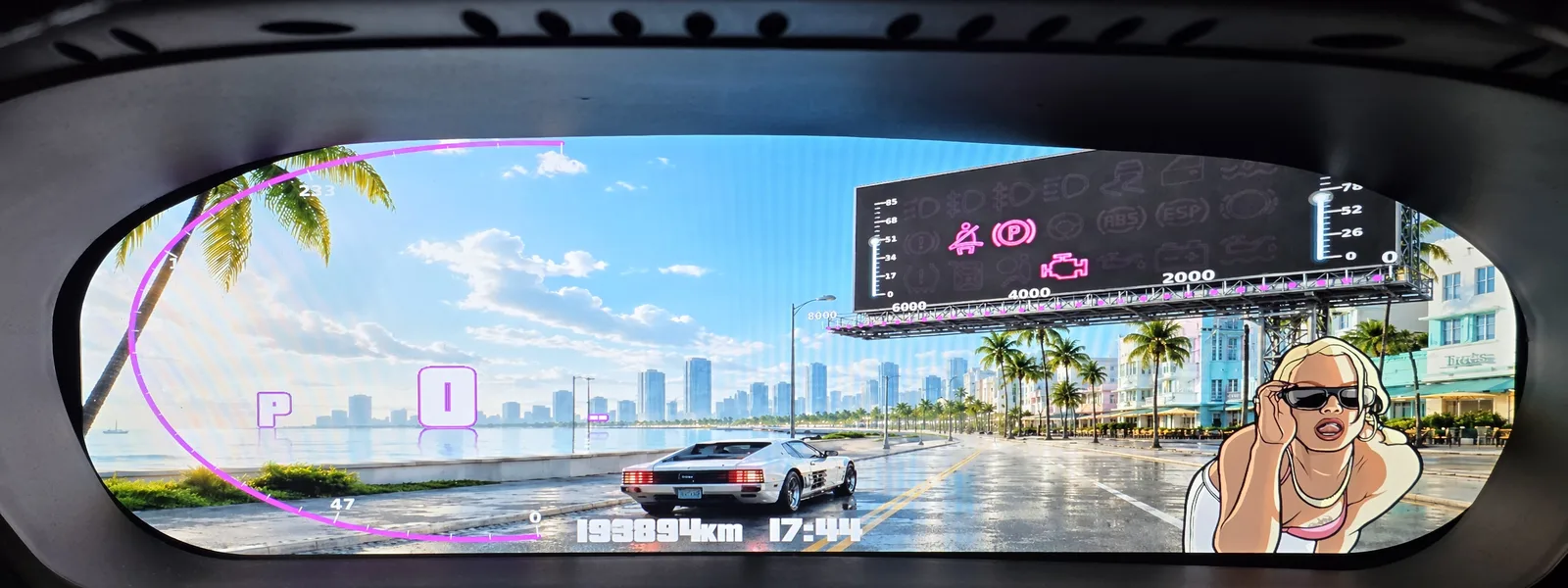 Détail du compteur GTA : panneau publicitaire en guise de compte-tours